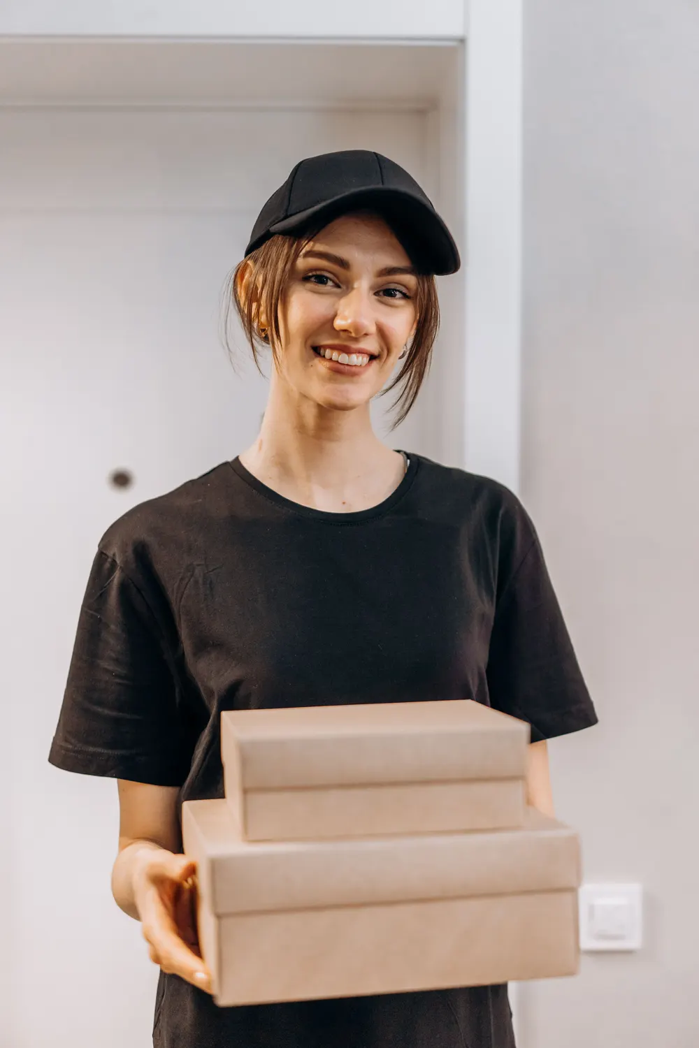 Courier in uniform holding two parcels