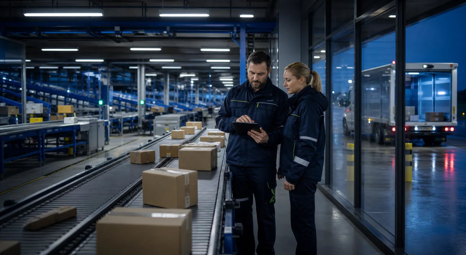 Operators monitoring an automated international parcel sorting hub