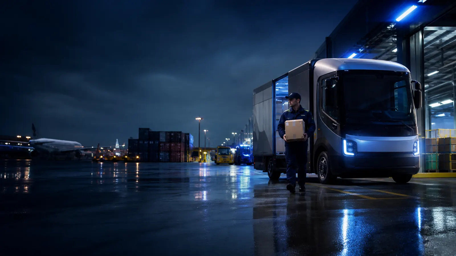 SwiftGlobalPress courier beside an electric delivery truck at a global distribution hub
